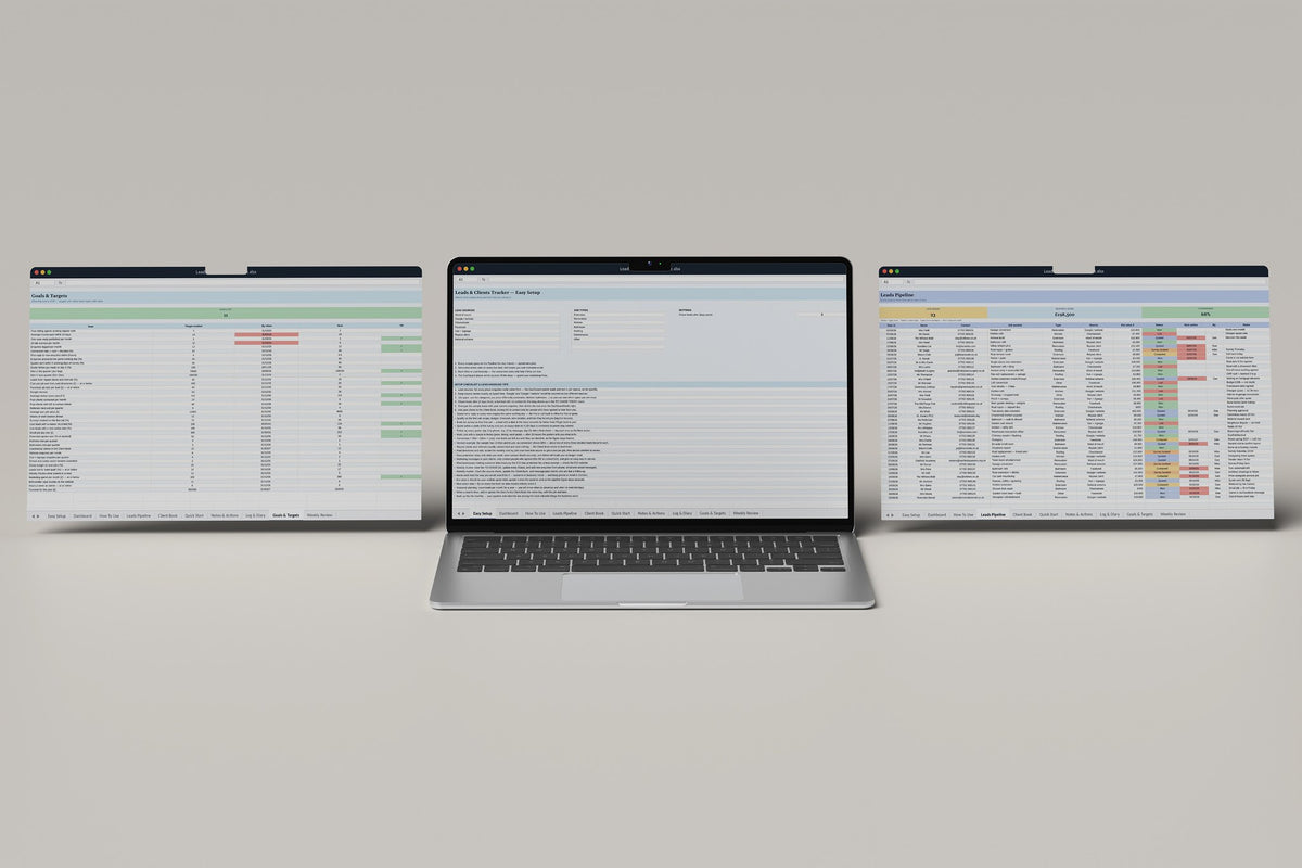 Leads and Clients Tracker Excel template, Easy Setup tab on a laptop screen