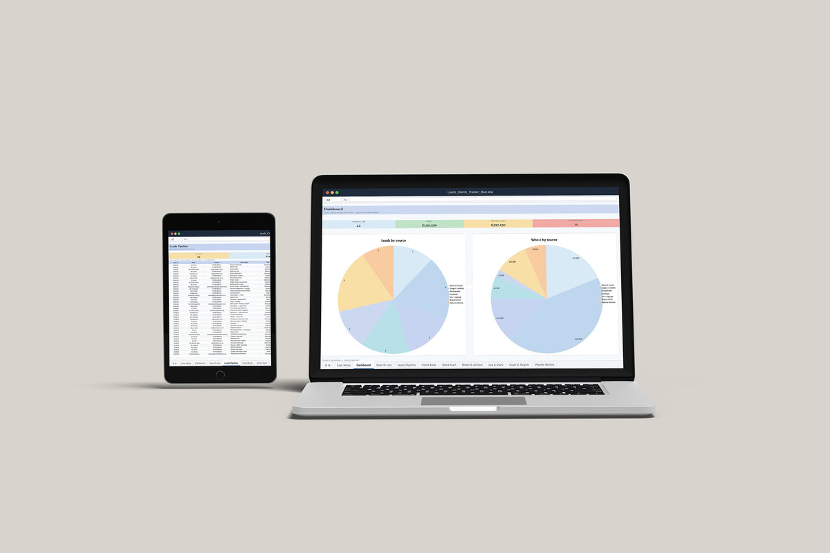 Leads and Clients Tracker Excel template on a MacBook and iPad