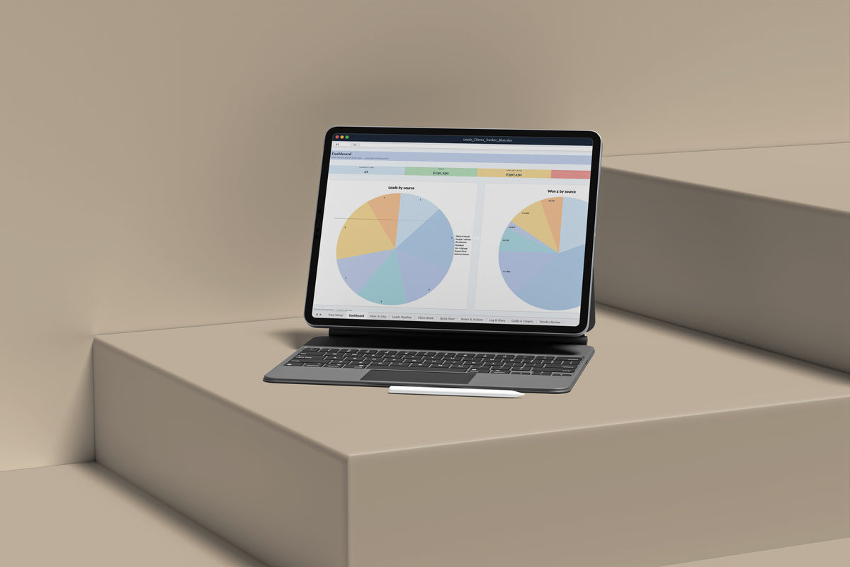 Leads and Clients Tracker Excel template on an iPad with keyboard