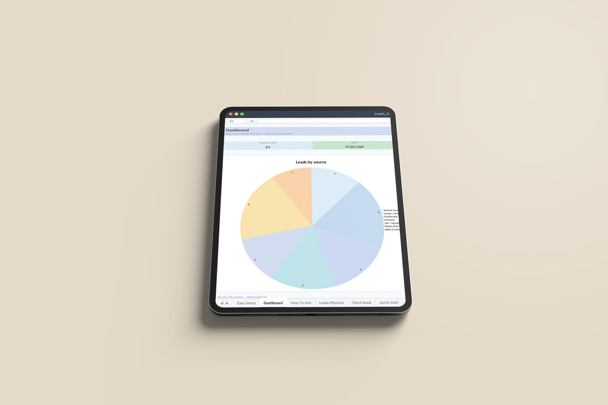Leads and Clients Tracker Excel template on an iPad Pro