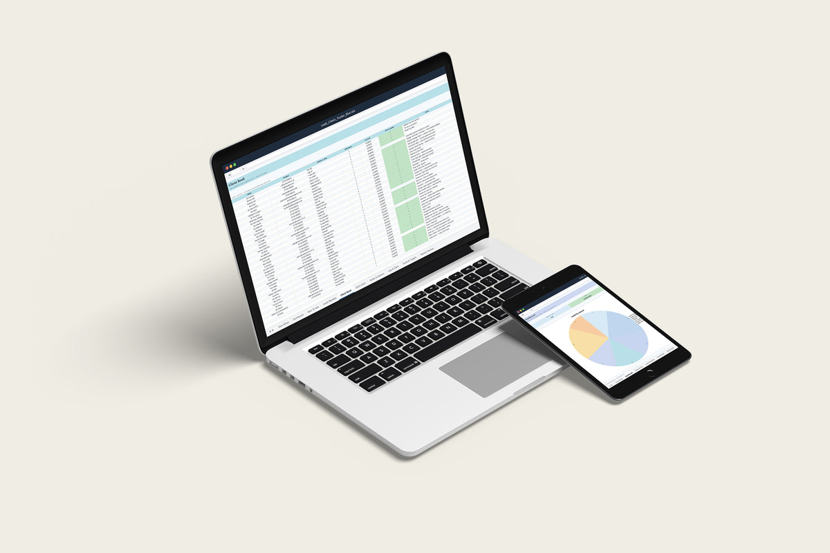 Leads and Clients Tracker Excel template on a MacBook and iPad, second view