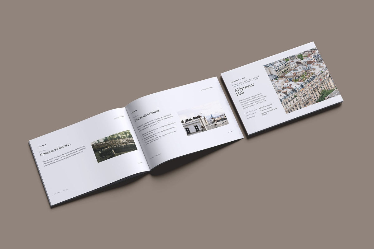 Leadwork Client Package, Slate colourway, cover and inside spread mockup
