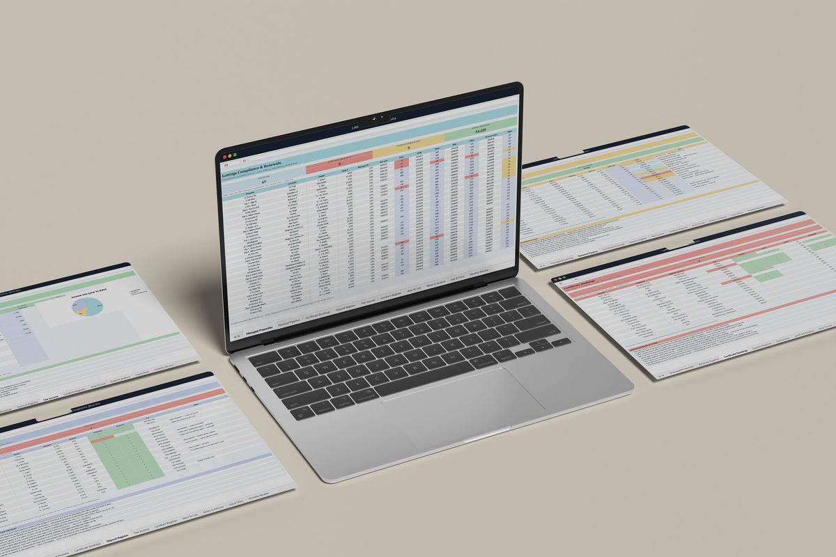 Lettings Compliance Excel template, Managed Properties tab on a laptop screen