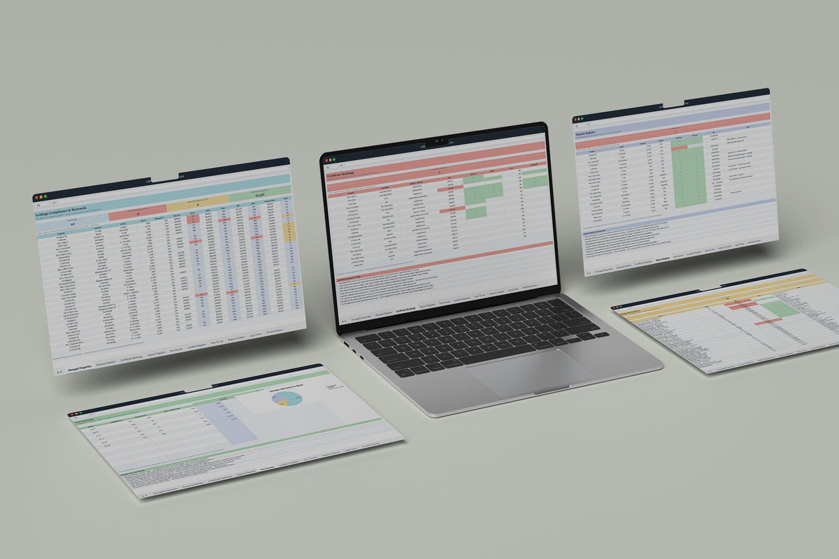 Lettings Compliance Excel template, Certificate Bookings tab on a laptop screen