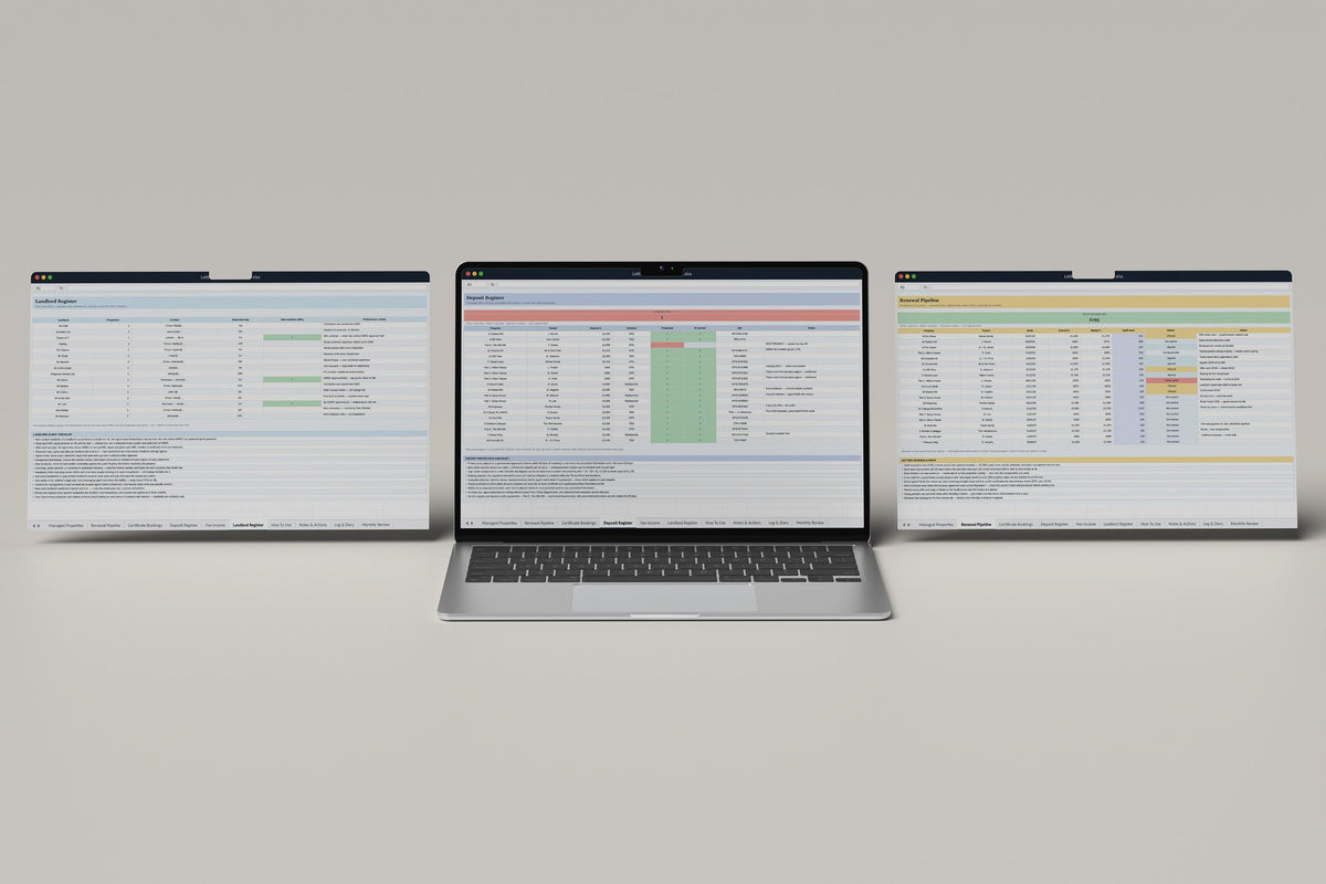 Lettings Compliance Excel template, Deposit Register tab on a laptop screen