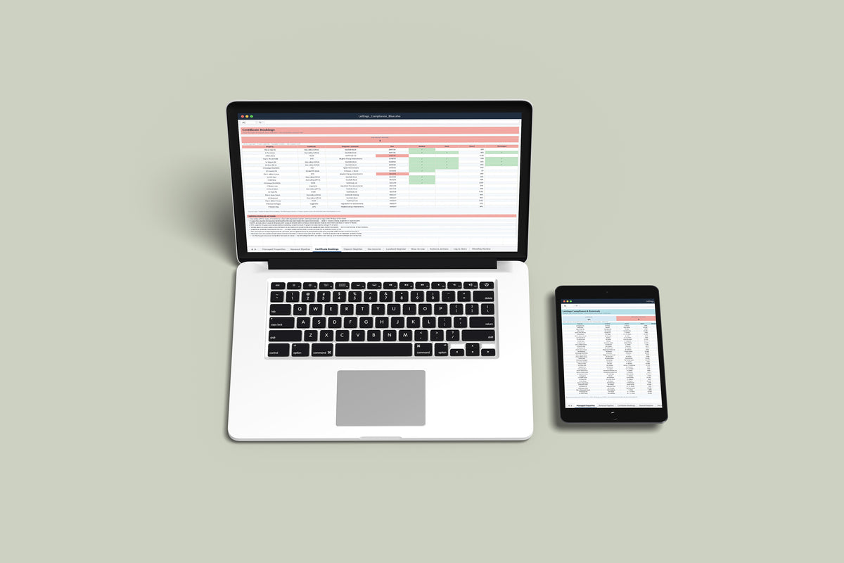 Lettings Compliance Excel template on a MacBook and iPad, second view