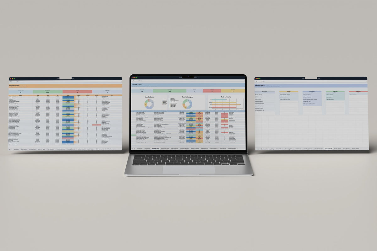 Lift Engineer Task Tracker 2.0 Excel template, Variable Tasks tab on a laptop screen