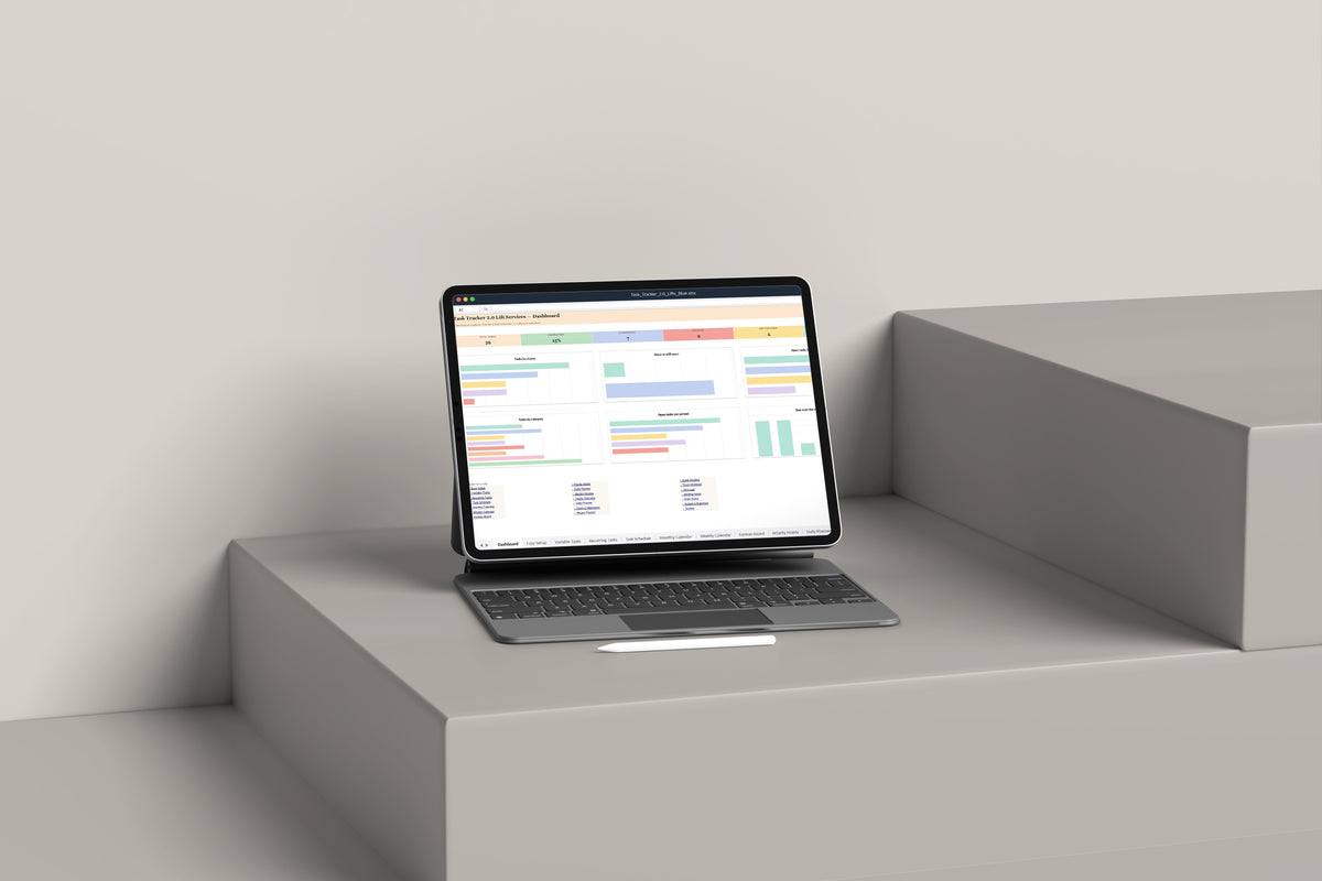 Task Tracker 2.0 - Lifts Excel template on an iPad with keyboard