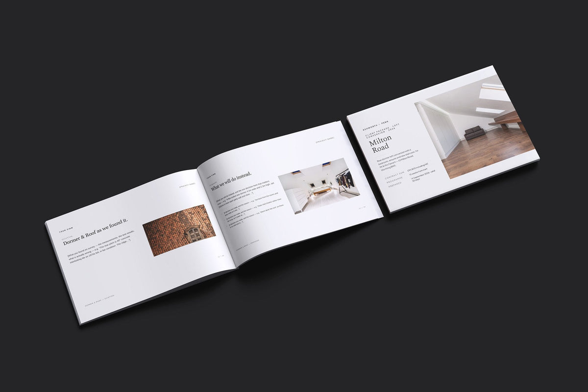 Loft Conversion Client Package, Ivory colourway, cover and inside spread mockup