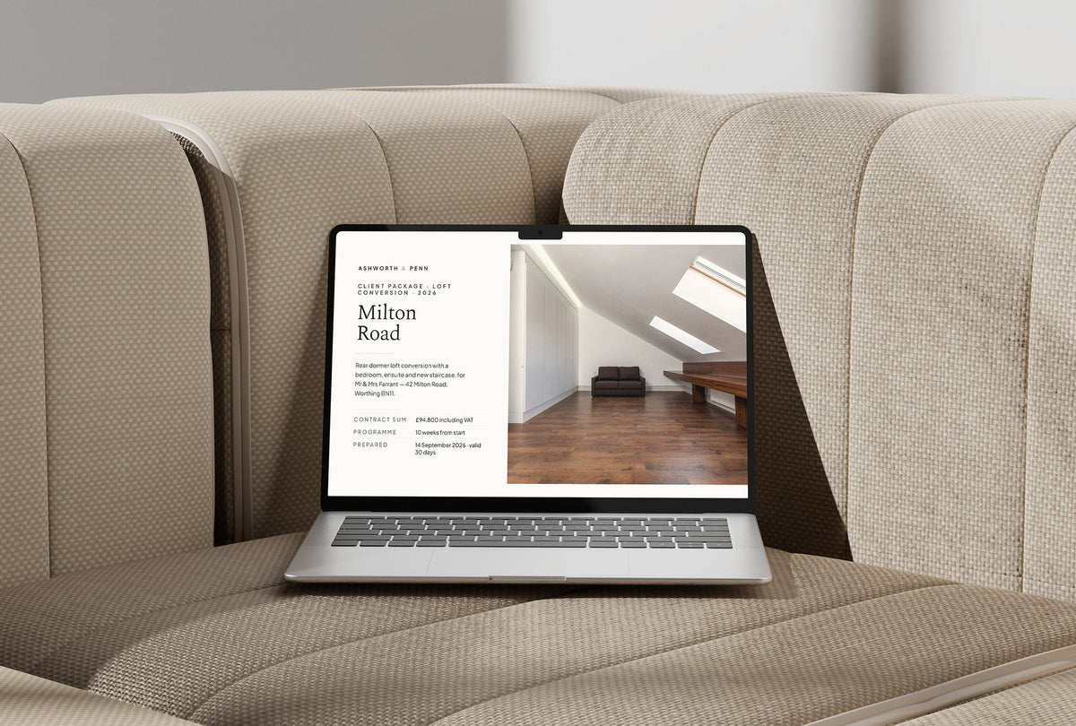 Loft Conversion Client Package, Ivory colourway, laptop screen mockup