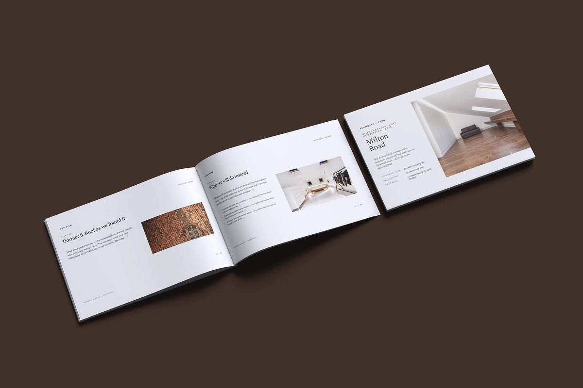 Loft Conversion Client Package, Slate colourway, cover and inside spread mockup