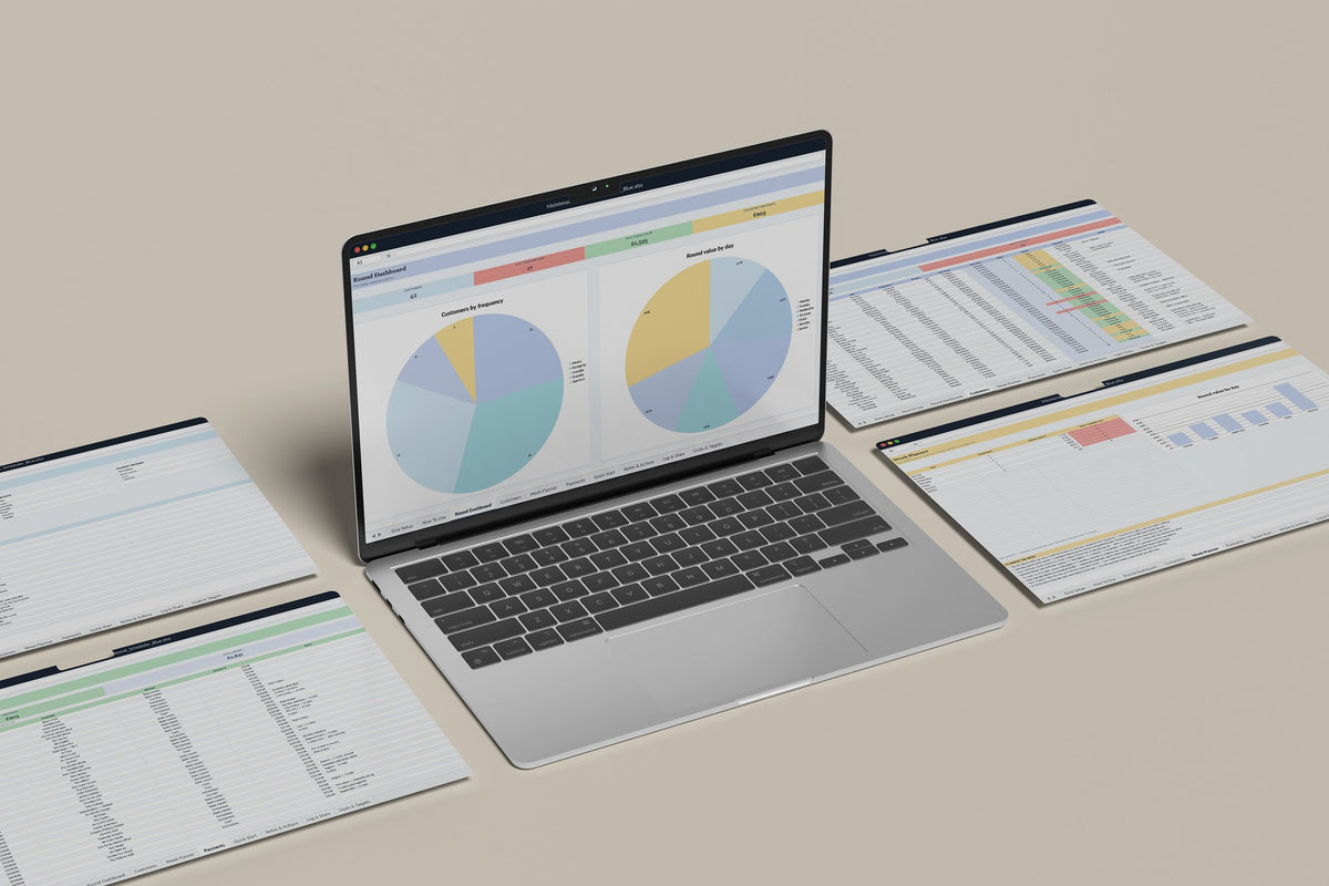Maintenance Round Scheduler Excel template, Round Dashboard tab on a laptop screen