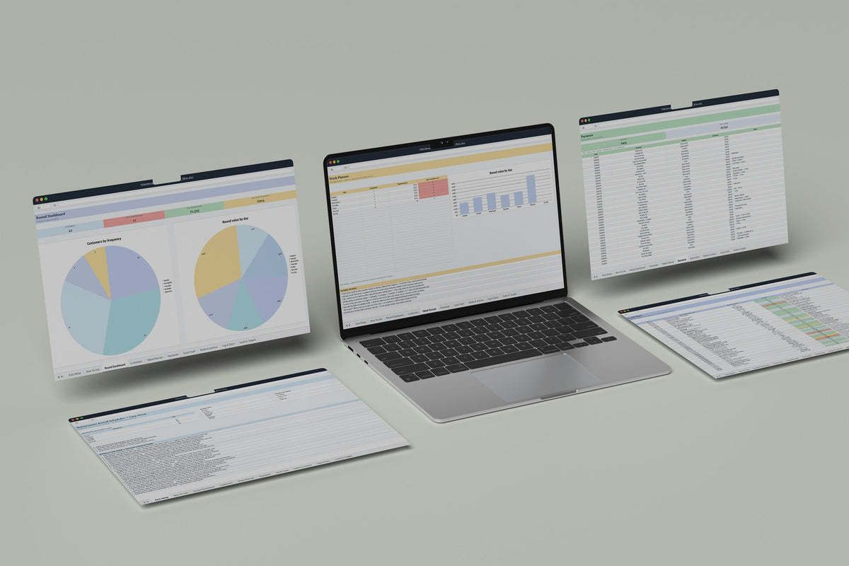 Maintenance Round Scheduler Excel template, Week Planner tab on a laptop screen