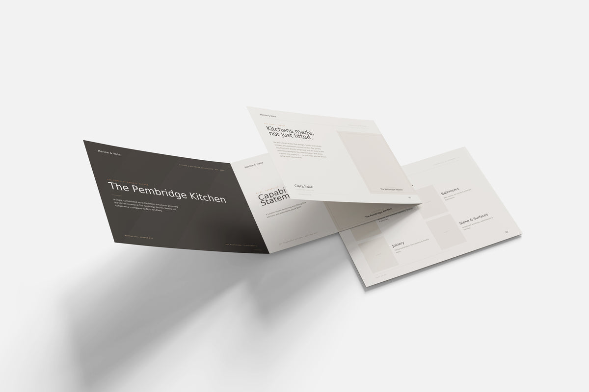 Kitchen & Bathroom Fitter Project Pack in PowerPoint, printed documents stacked