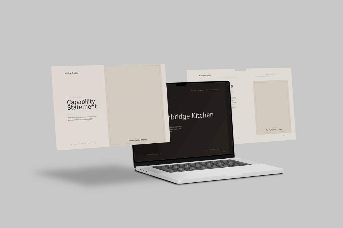 Kitchen & Bathroom Fitter Project Pack in PowerPoint, shown on laptop screens