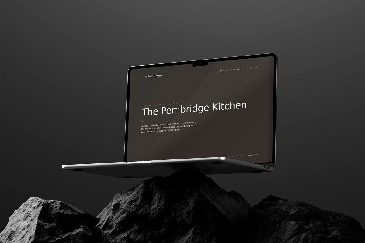Kitchen & Bathroom Fitter Project Pack in PowerPoint, shown on a laptop