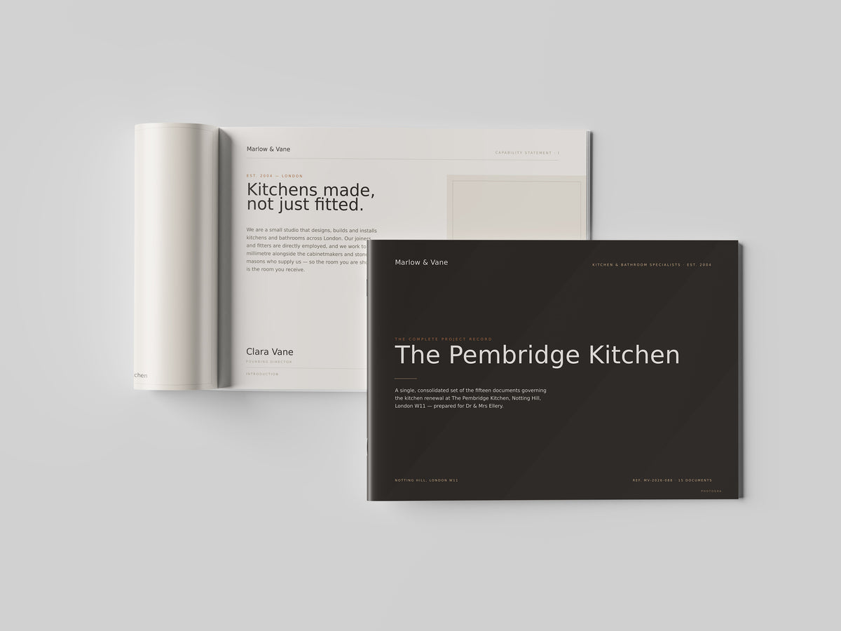 Kitchen & Bathroom Fitter Project Pack in PowerPoint, printed and open at an inside page