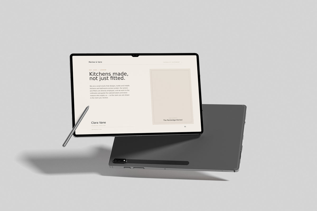 Kitchen & Bathroom Fitter Project Pack in PowerPoint, inside pages shown on a tablet