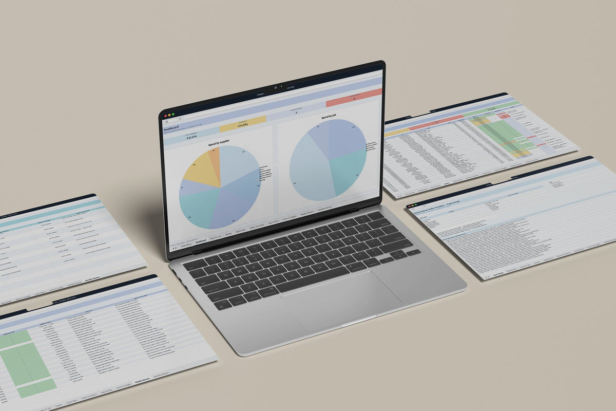 Materials Order Tracker Excel template, Dashboard tab on a laptop screen