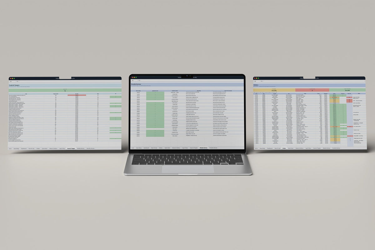 Materials Order Tracker Excel template, Weekly Review tab on a laptop screen
