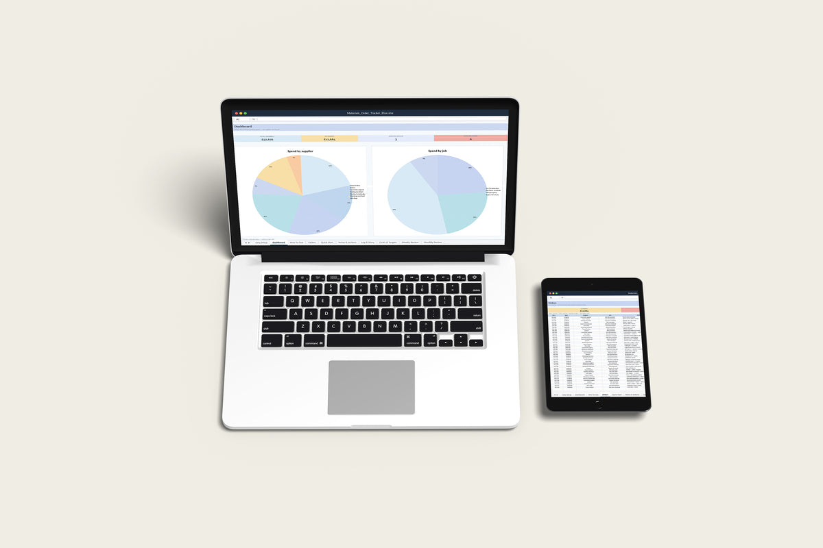 Materials Order Tracker Excel template on a MacBook and iPad