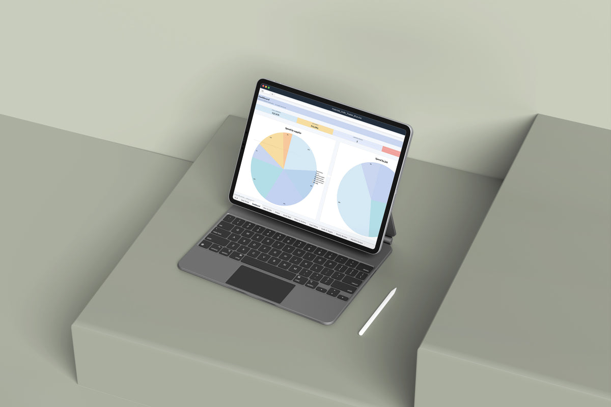 Materials Order Tracker Excel template on an iPad with keyboard