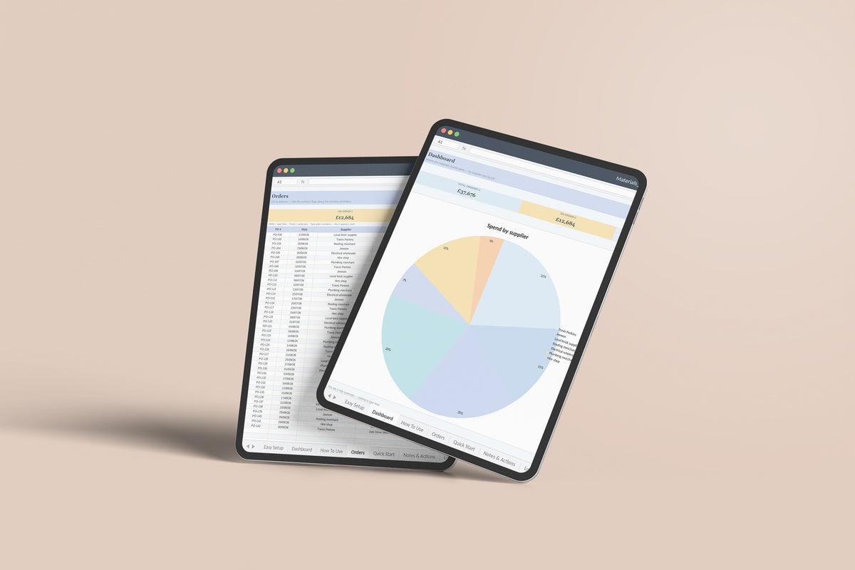 Materials Order Tracker Excel template on an iPad Pro