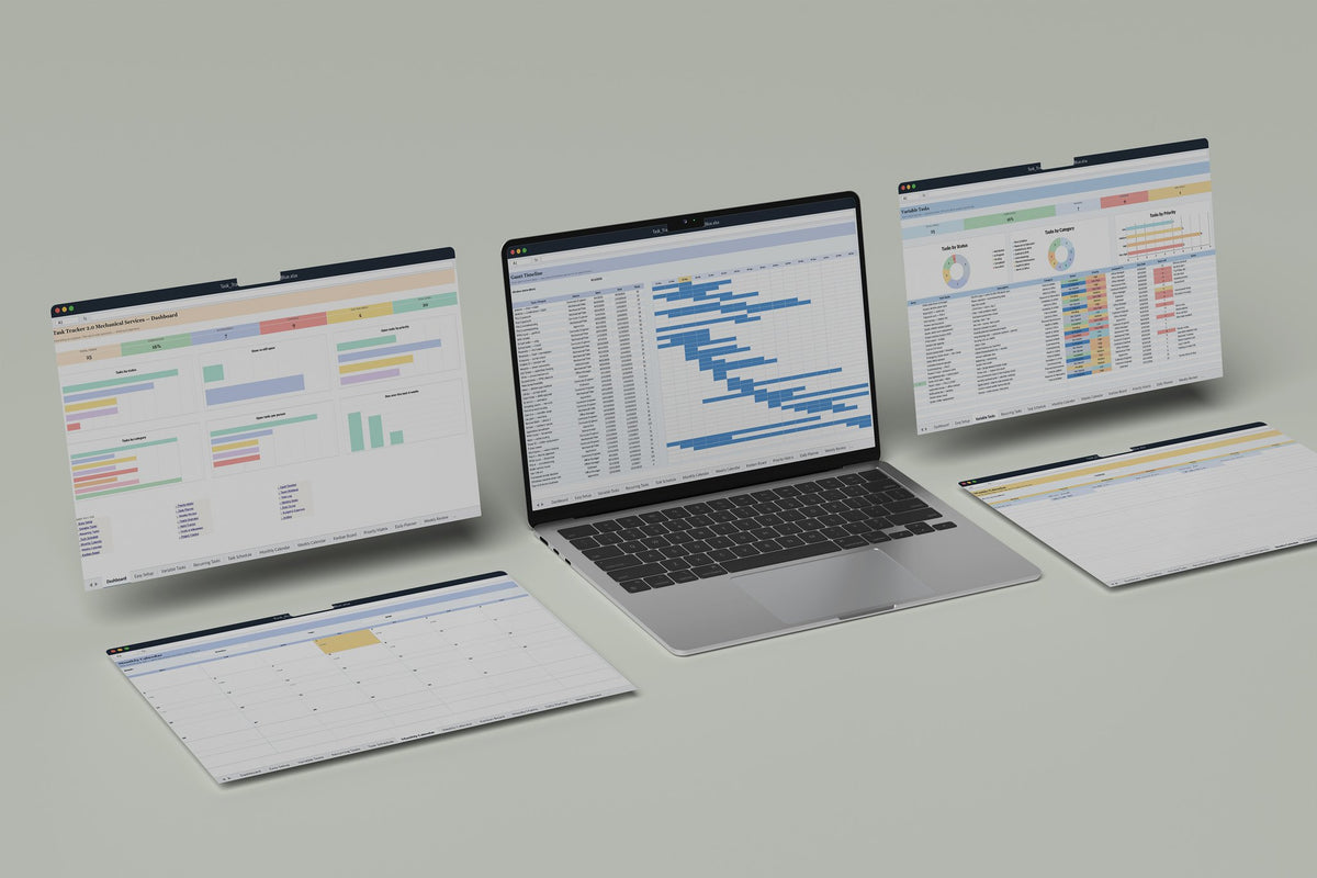 Mechanical Services Task Tracker 2.0 Excel template, Gantt Timeline tab on a laptop screen