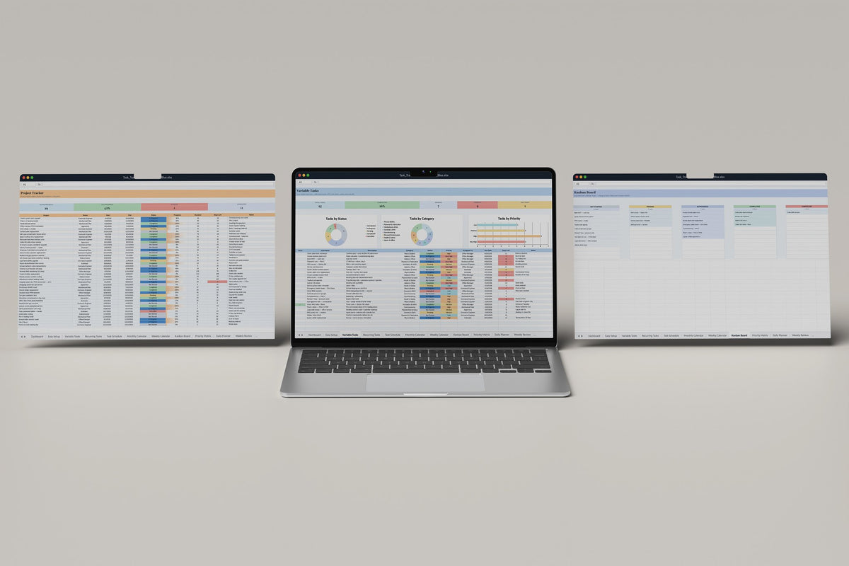 Mechanical Services Task Tracker 2.0 Excel template, Variable Tasks tab on a laptop screen