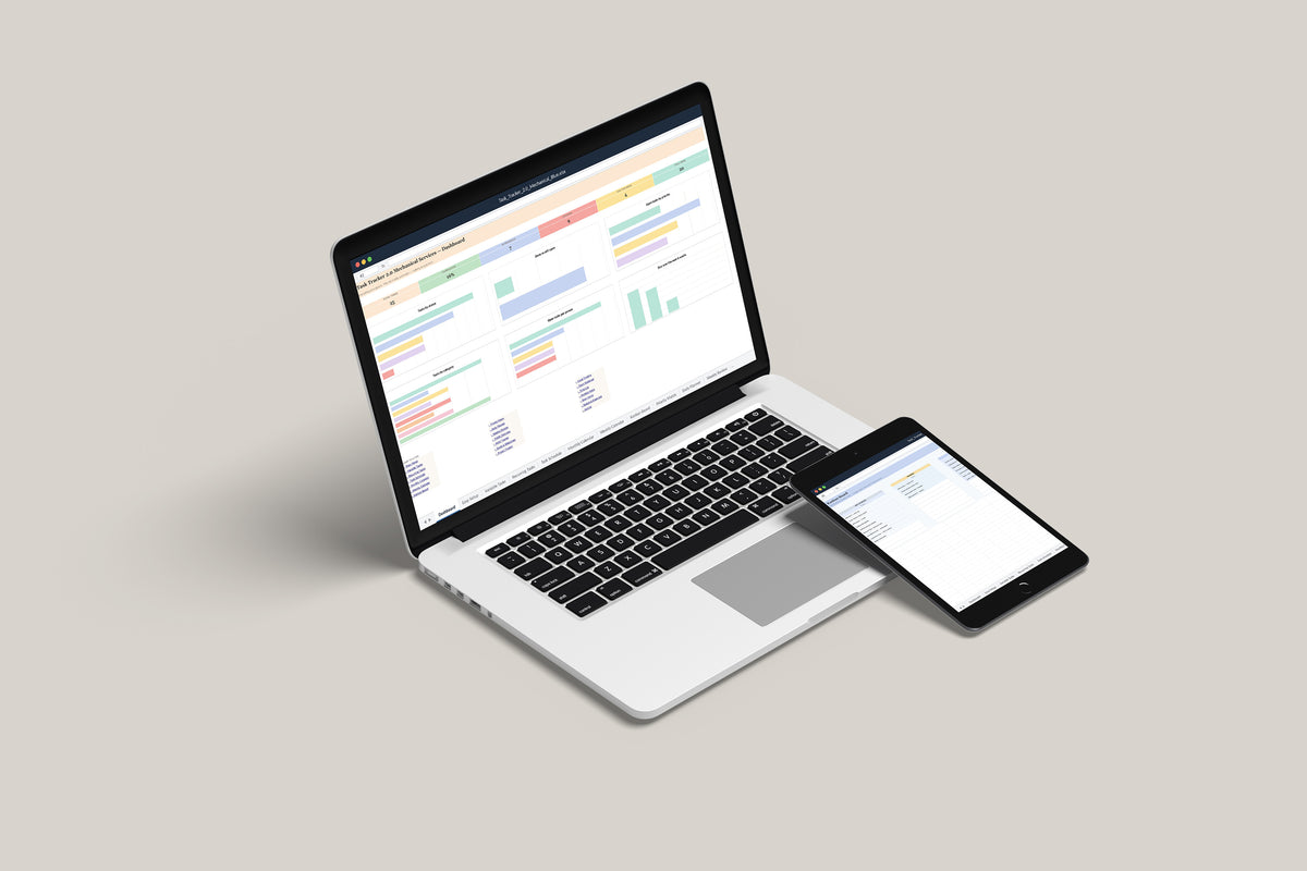 Task Tracker 2.0 - Mechanical Excel template on a MacBook and iPad