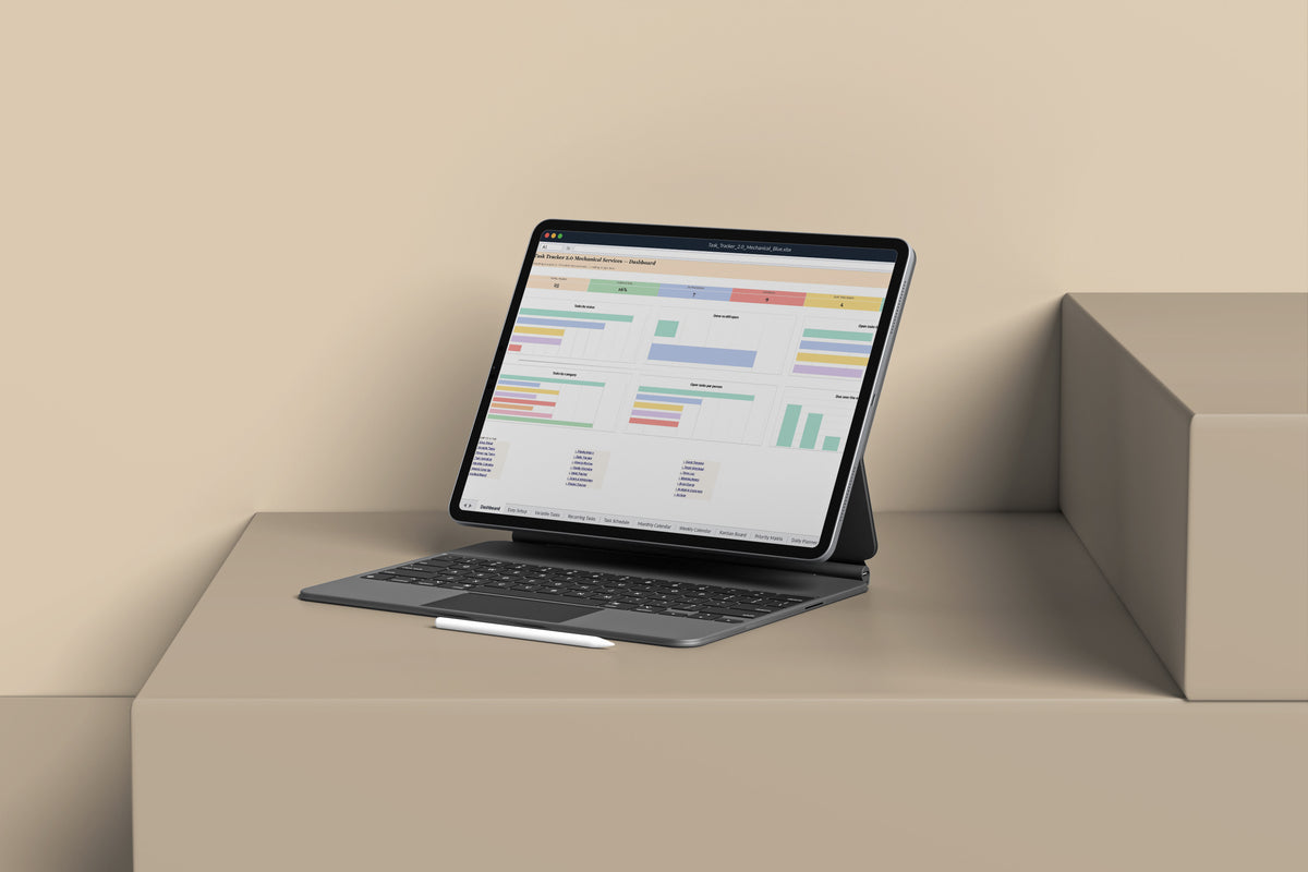 Task Tracker 2.0 - Mechanical Excel template on an iPad with keyboard