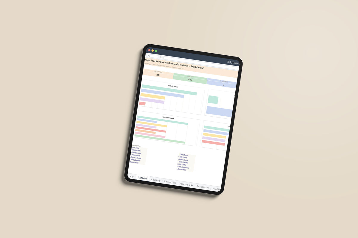 Task Tracker 2.0 - Mechanical Excel template on an iPad Pro