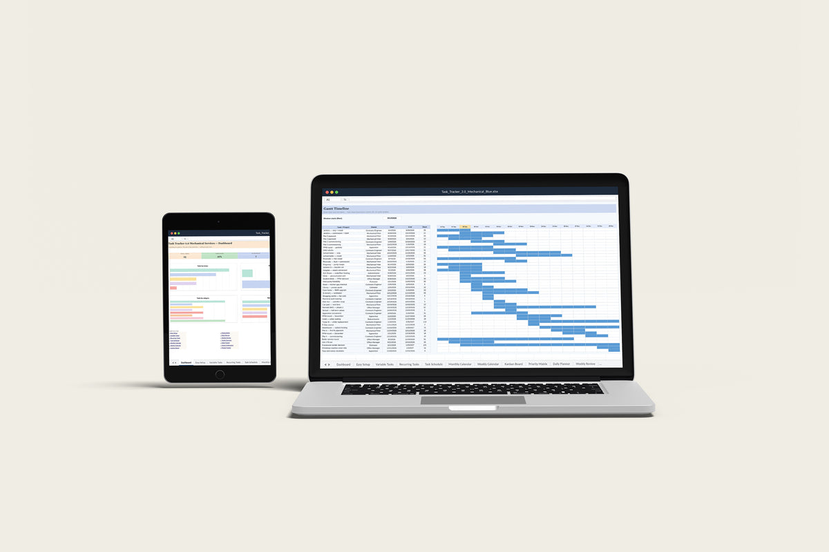 Task Tracker 2.0 - Mechanical Excel template on a MacBook and iPad, second view