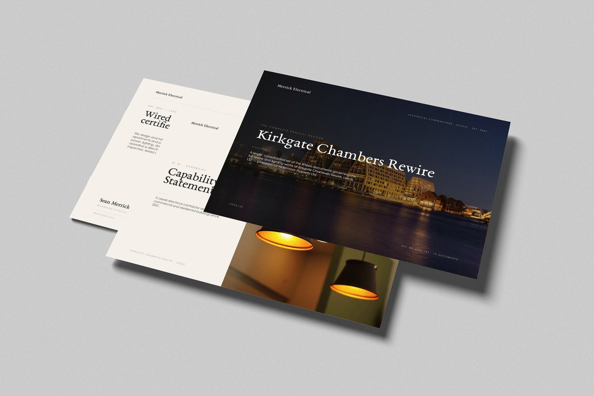 Electrician Project Pack in PowerPoint, printed pages floating