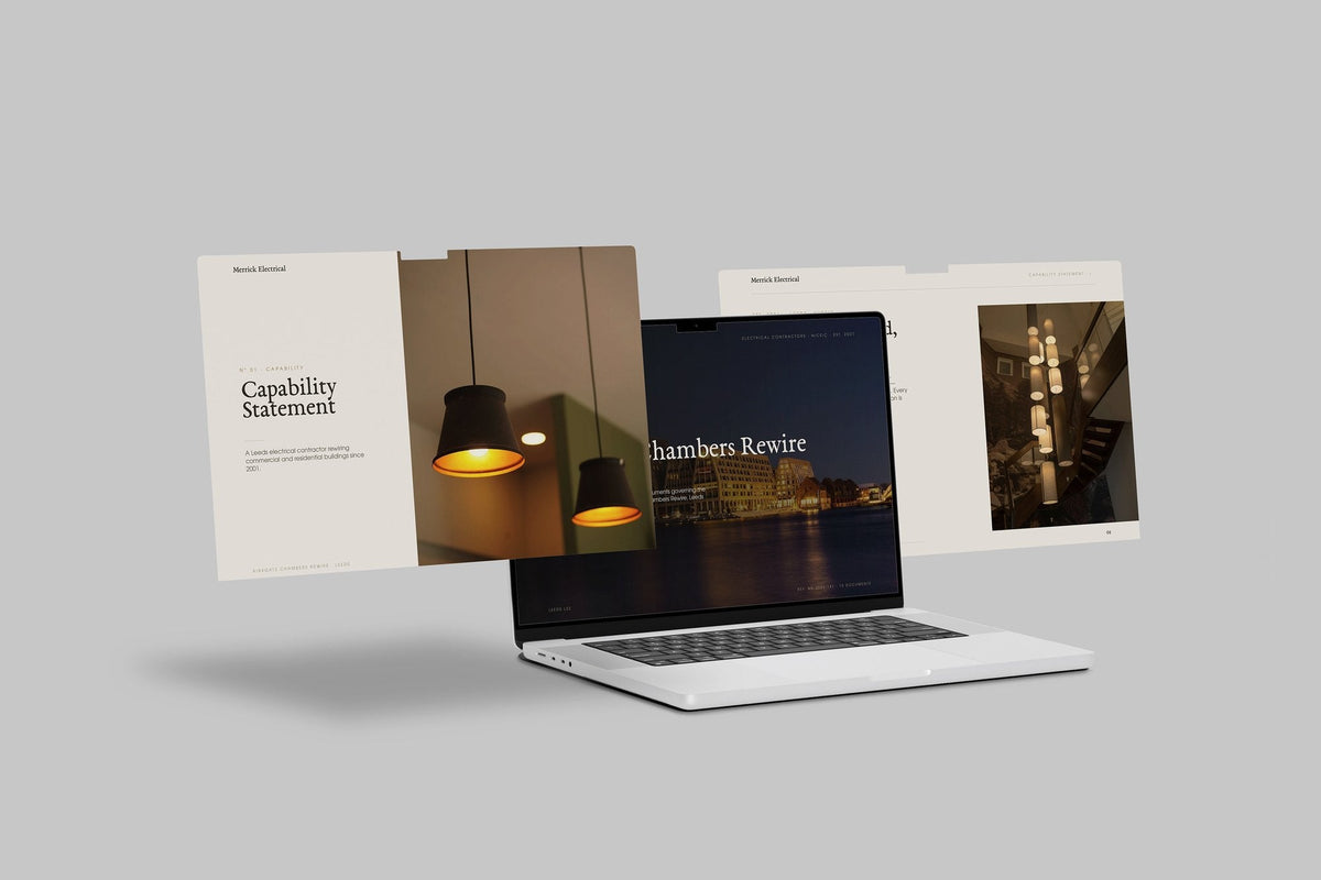 Electrician Project Pack in PowerPoint, shown on laptop screens