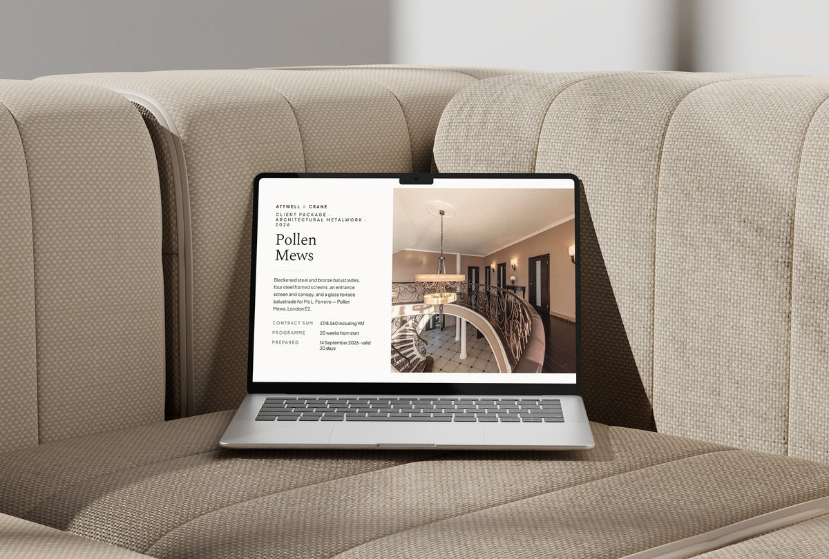 Metalwork Client Package, Ivory colourway, laptop screen mockup
