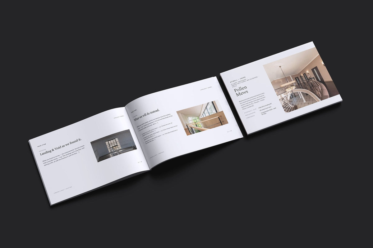 Metalwork Client Package, Slate colourway, cover and inside spread mockup