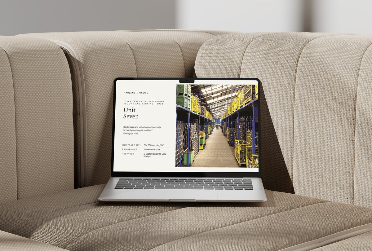 Mezzanine Floors Client Package, Oat colourway, laptop screen mockup