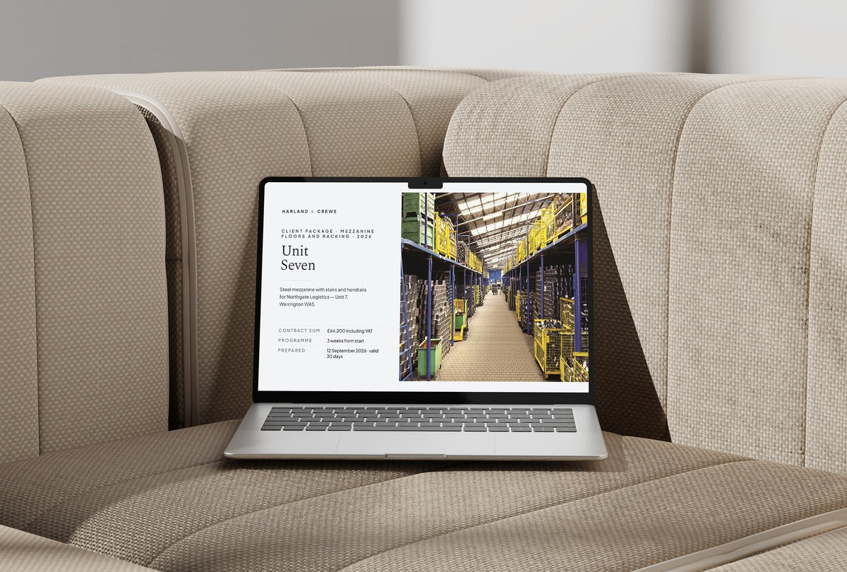 Mezzanine Floors Client Package, Slate colourway, laptop screen mockup