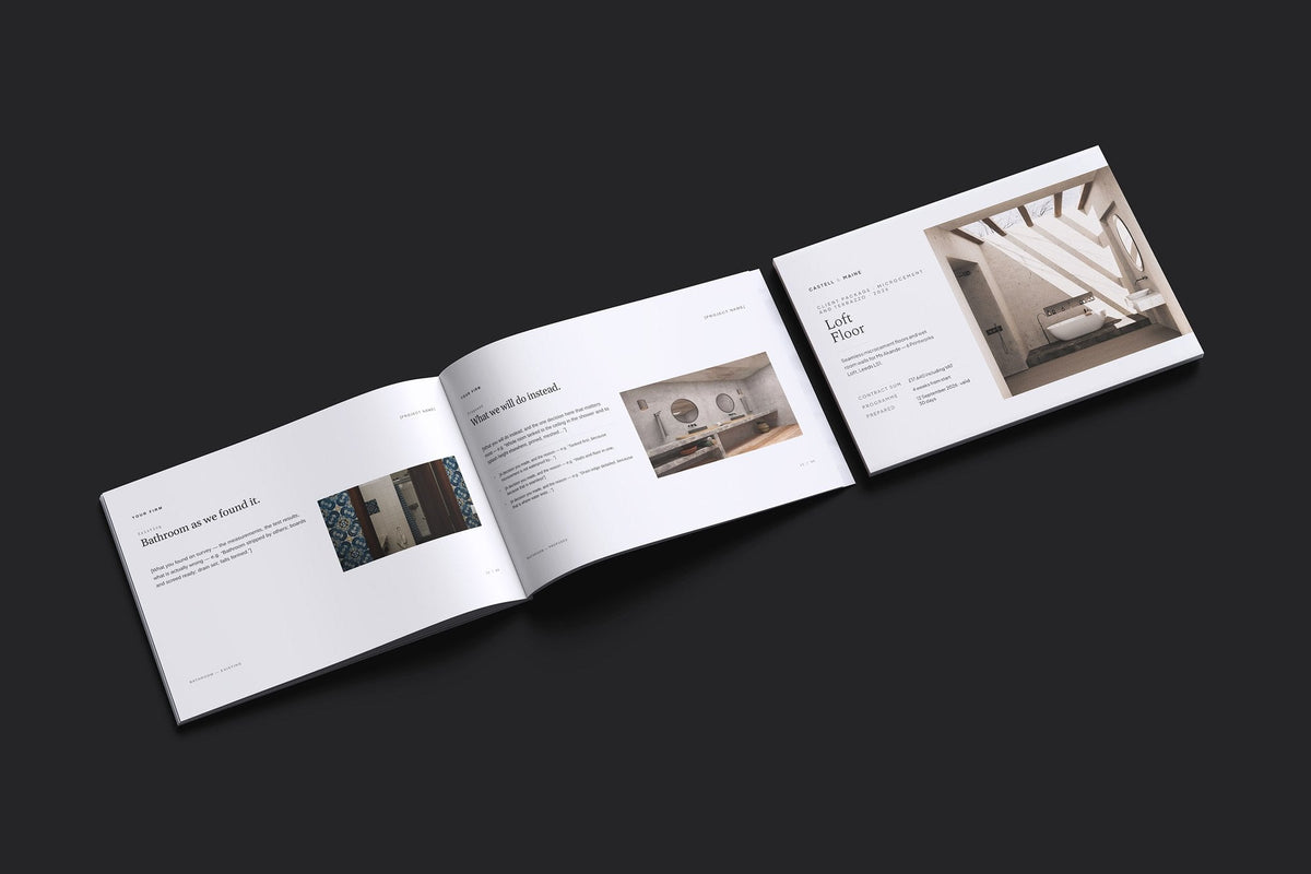 Microcement and Terrazzo Client Package, Ivory colourway, cover and inside spread mockup