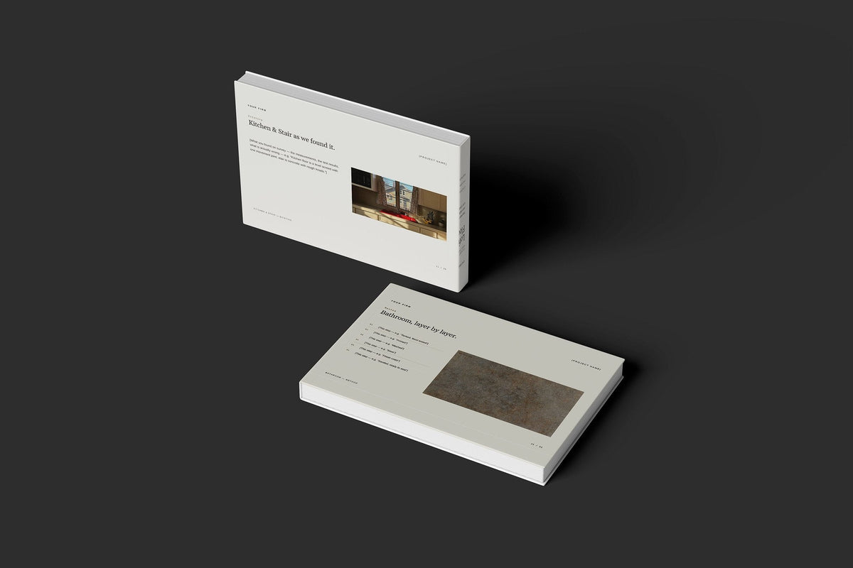 Microcement and Terrazzo Client Package, Oat colourway, floating books mockup