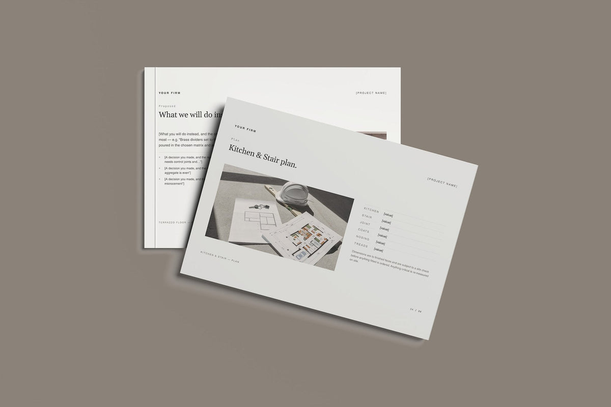 Microcement and Terrazzo Client Package, Standard colourway, front and back cover mockup