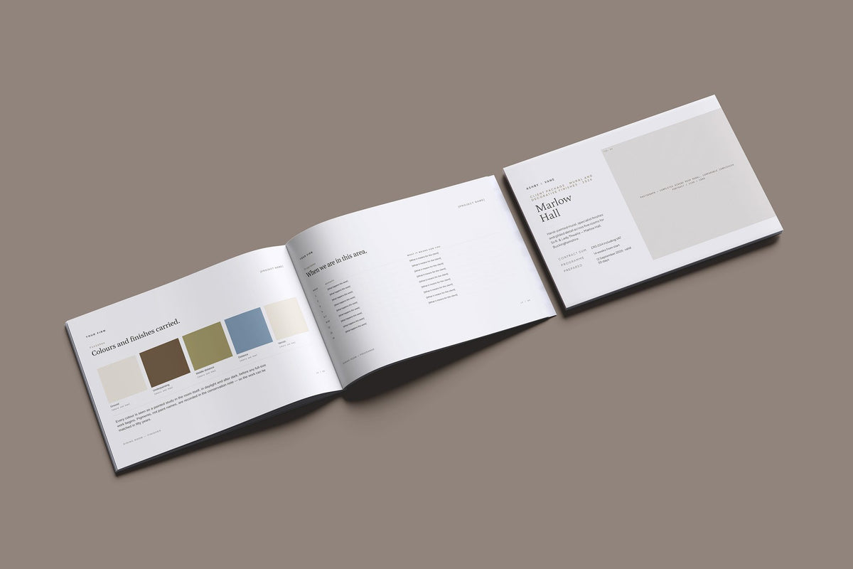 Muralist Client Package, Oat colourway, cover and inside spread mockup