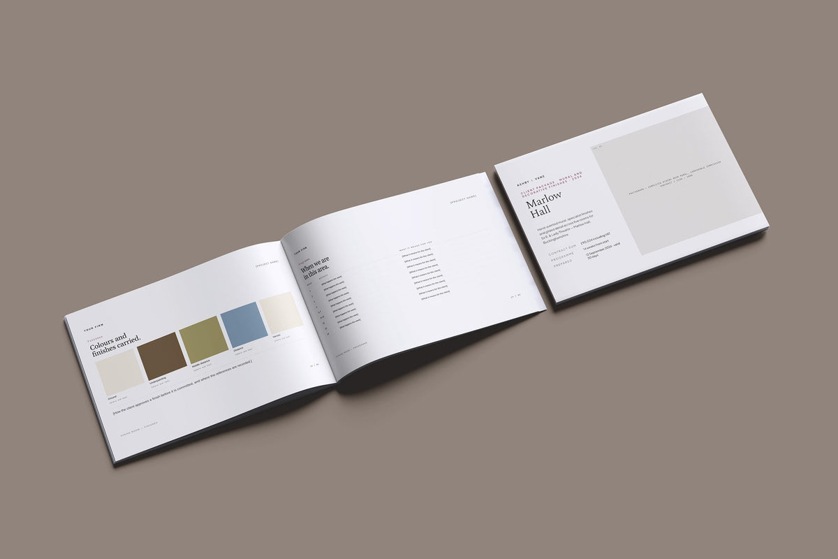 Muralist Client Package, Standard colourway, cover and inside spread mockup