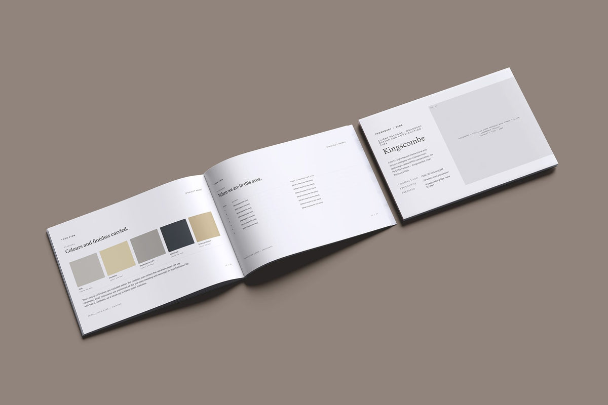 Orangery Client Package, Ivory colourway, cover and inside spread mockup