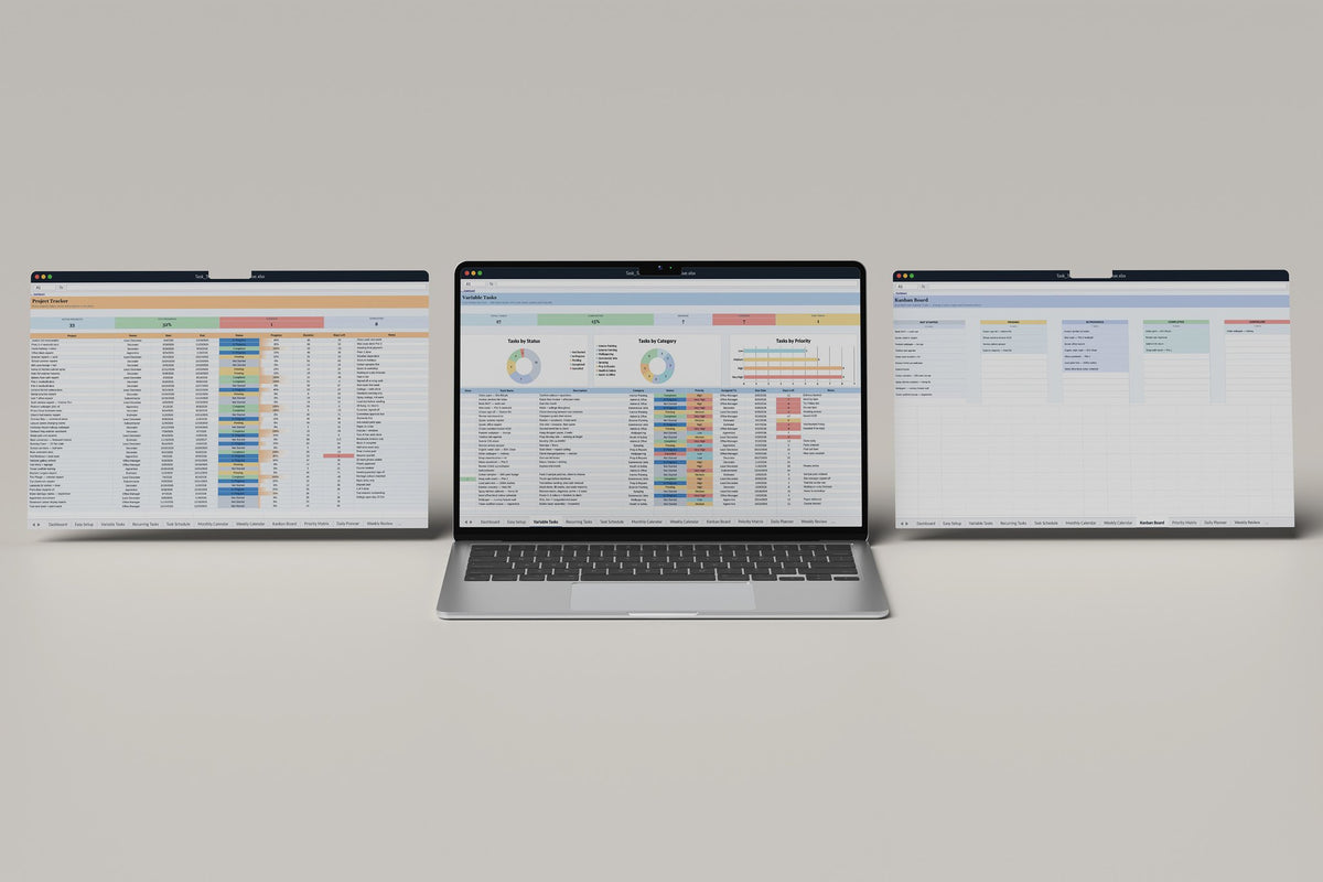 Painting and Decorating Task Tracker 2.0 Excel template, Variable Tasks tab on a laptop screen