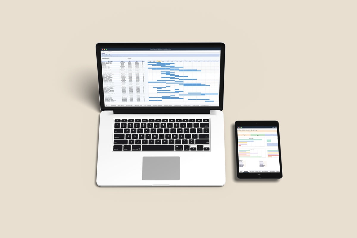 Task Tracker Painting Excel template on a MacBook and iPad, second view