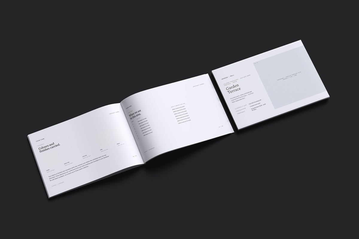 Patio and Paving Client Package, Slate colourway, cover and inside spread mockup
