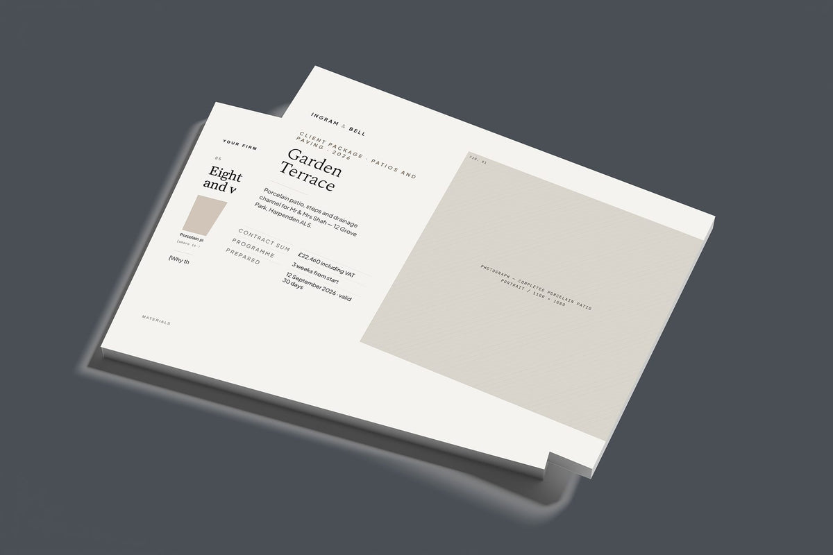 Patio and Paving Client Package, Standard colourway, stacked books mockup