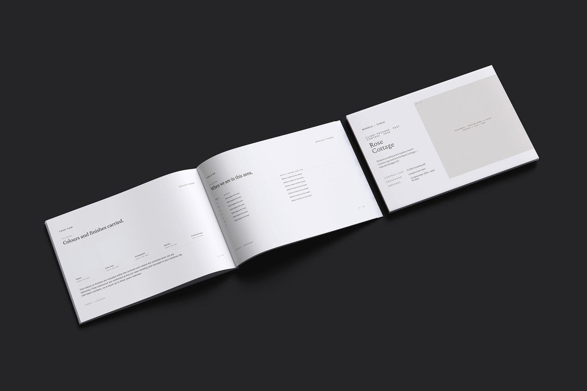 Pest Control Client Package, Oat colourway, cover and inside spread mockup